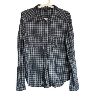Paige Mya Rosette Blue Metallic Plaid Womens Button Down Shirt Size Large
